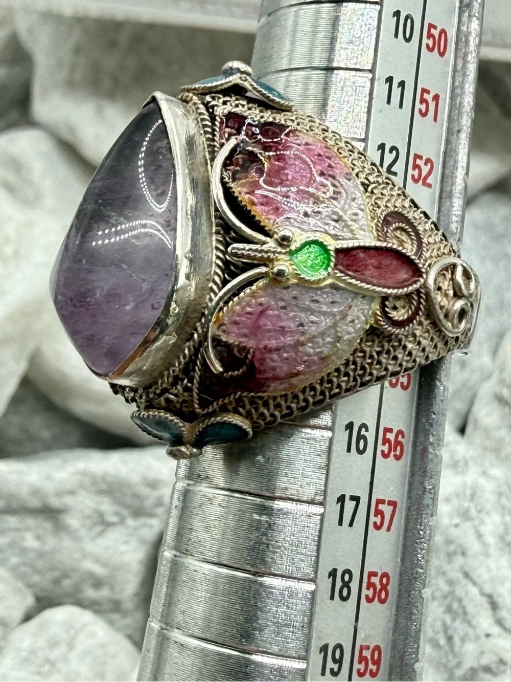 Vintage Chinese Export Sterling Silver Amethyst Enamel Butterfly Ring Size 7 10g